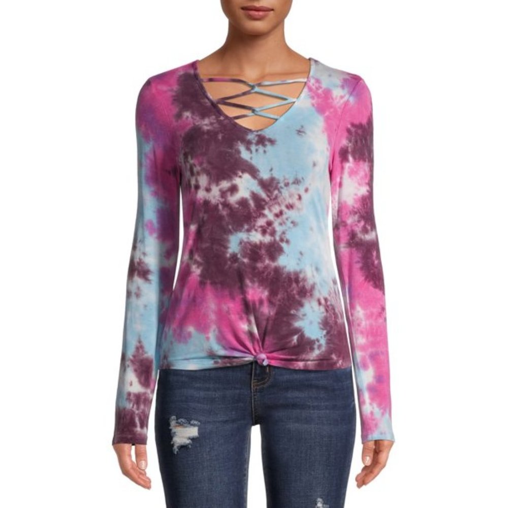 Tie Dye Strappy Caged Knotted Front Scoop Neck Long Sleeve Shirt | 3XL